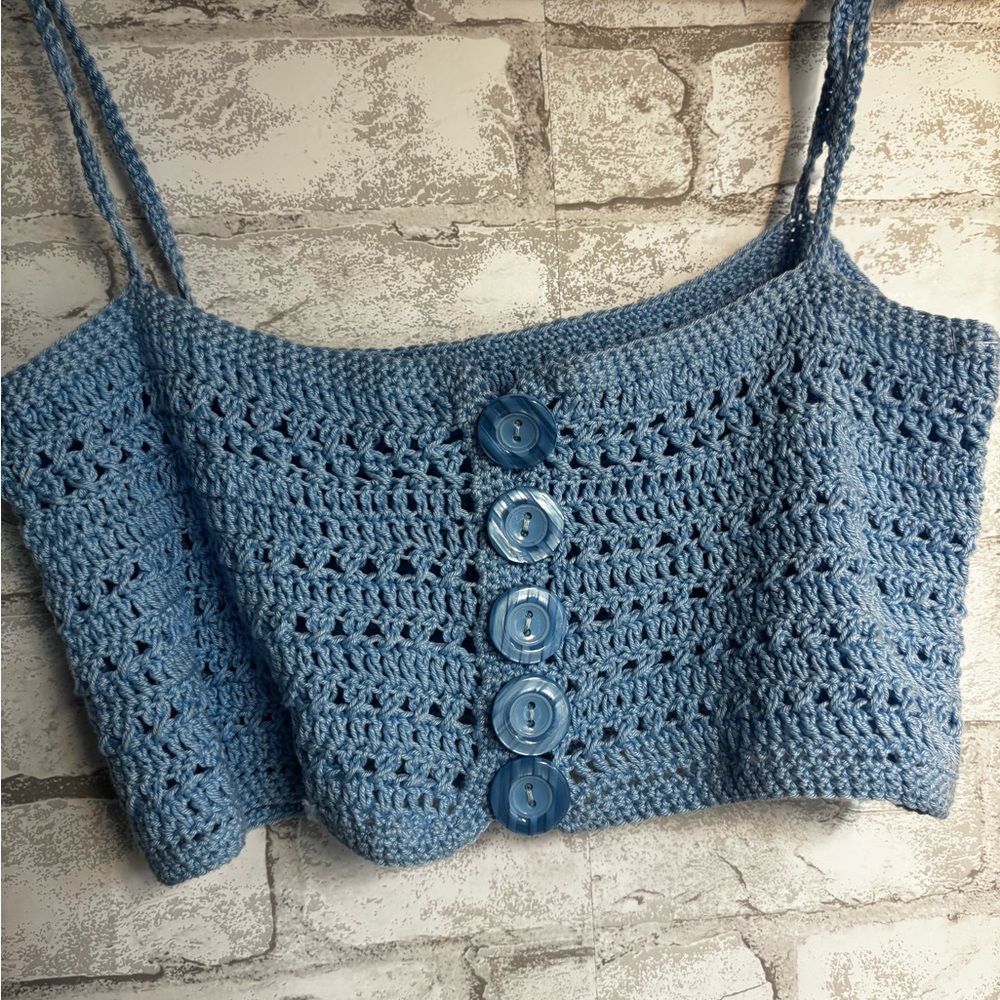 Handmade Vintage style Blue Crochet Button-Front Crop Top